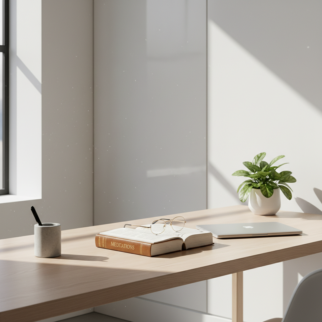 A minimalist modern study with white walls and a clean desk. A pair of elegant reading glasses rests on a book titled 'Meditations', a small green plant in a ceramic pot, bright natural daylight, high-end interior photography style.