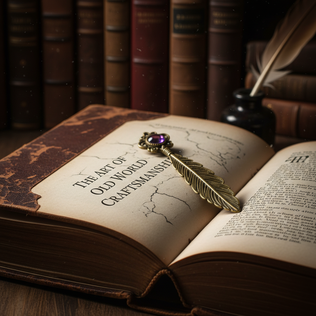 Close-up macro shot of an antique leather-bound book opened to a page with elegant serif typography. A vintage brass bookmark is tucked between the pages, dark moody lighting, high texture detail, scholarly aesthetic.