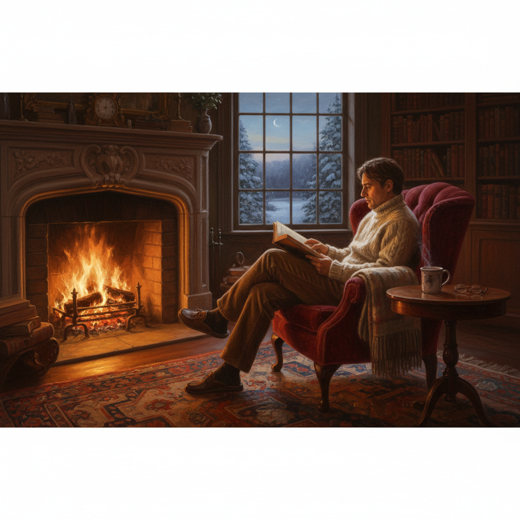 A quiet evening scene with a person sitting in a comfortable velvet armchair by a fireplace. They are reading a book, a warm glow from the fire illuminating their face and the pages, cozy and contemplative mood, realistic oil painting style.